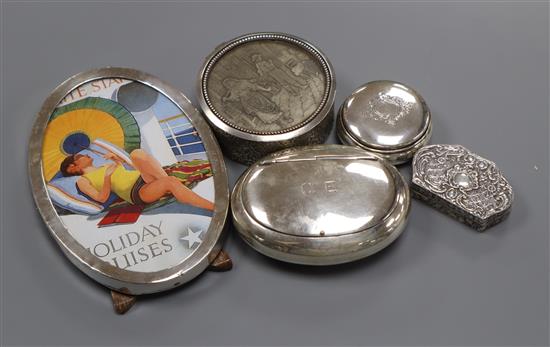 A George V silver tobacco box, a silver pill box, Italian 800 pill box, one other box and a silver mounted photograph frame.